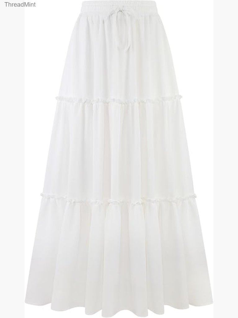 High Waist Pleated Ruffle Maxi Skirt With Pockets Flowy Boho Long Skirt